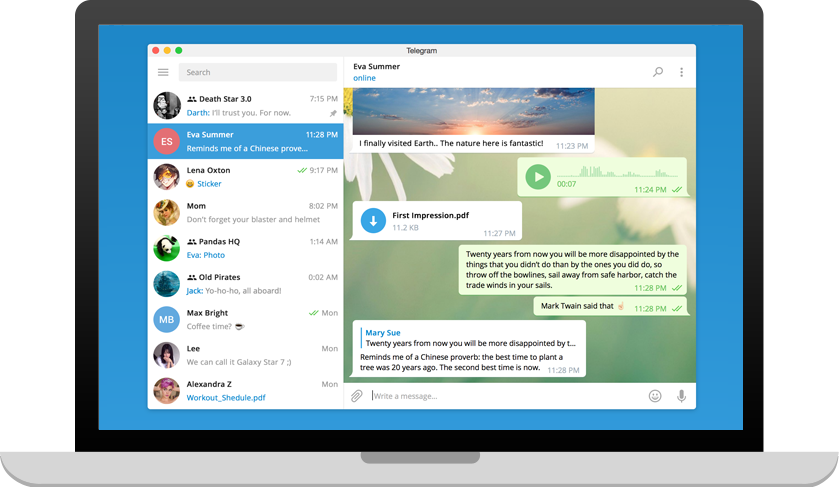 Telegram masaüstü arayüzü – medya ve dosya paylaşımı